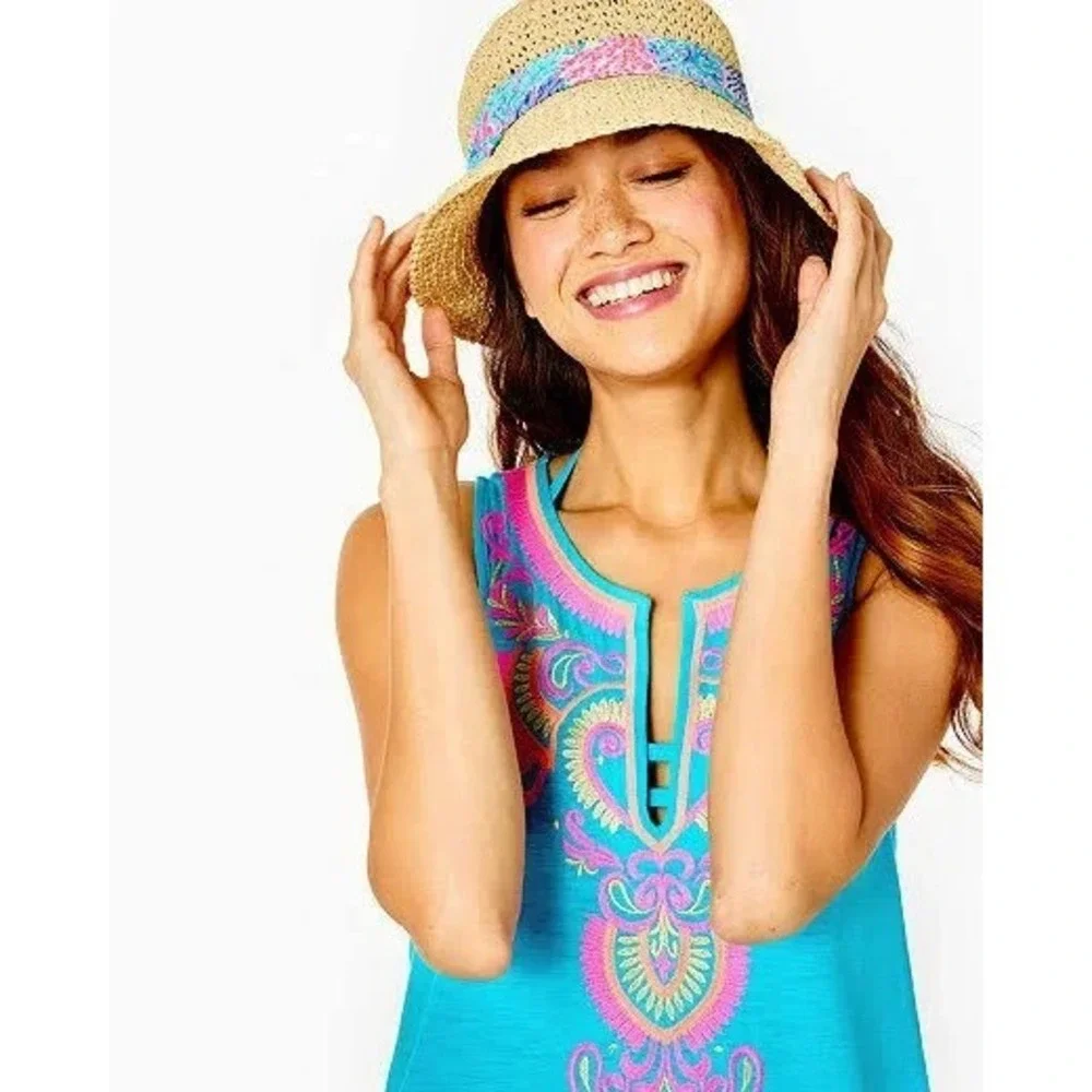 Lilly Pulitzer Raffia Bucket Hat NWT Tropical Ribbon Resort Vacation Beach Straw